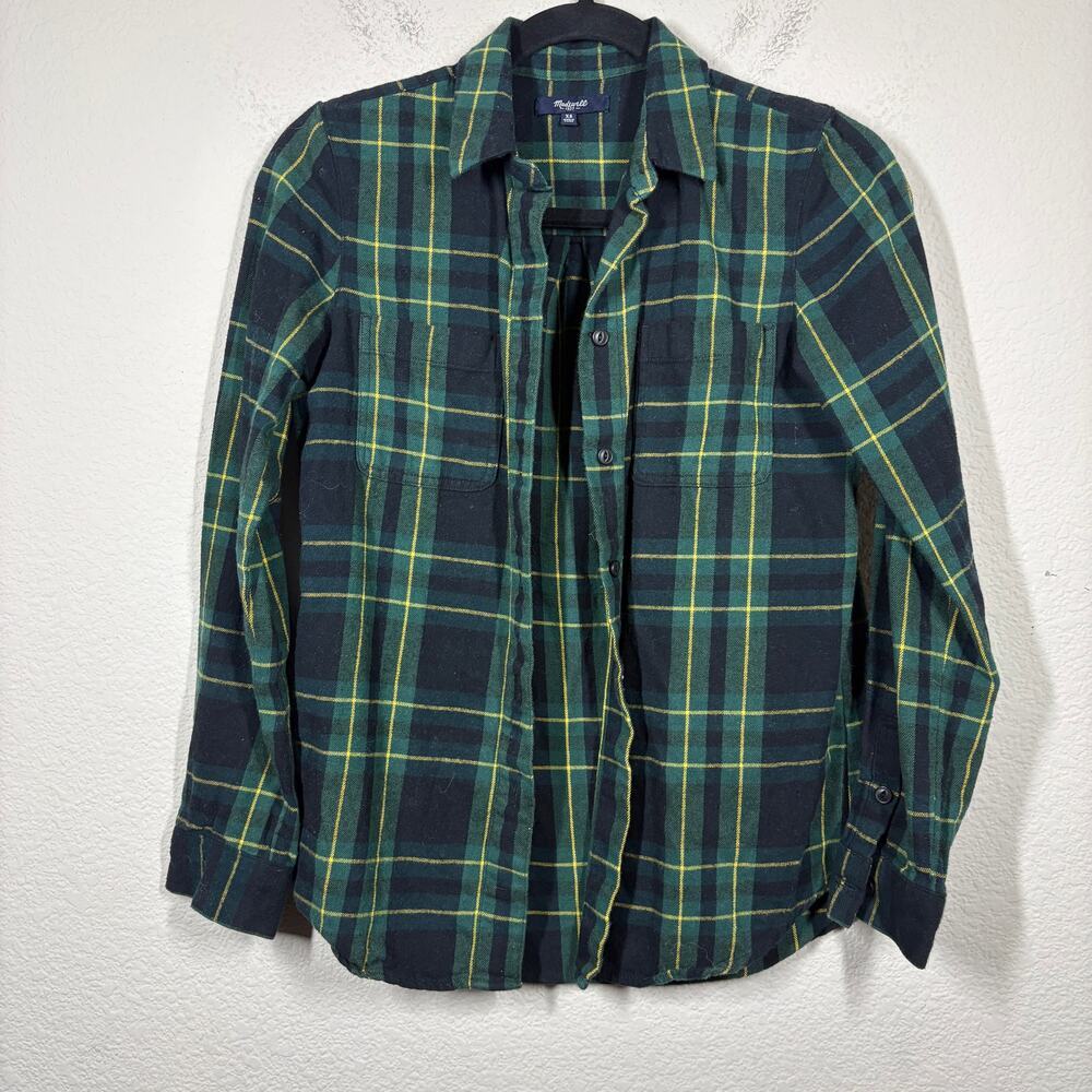 Madewell XS Button Up Shirt Green Yellow Cotton Flannel Plaid Long Sleeves